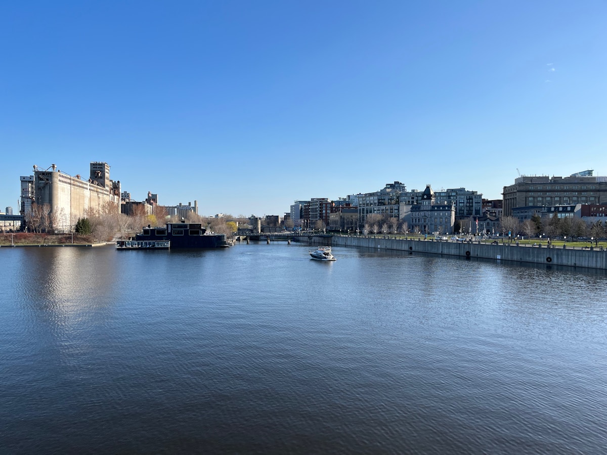 Old Montreal waterfront and St. Lawrence River cruise port